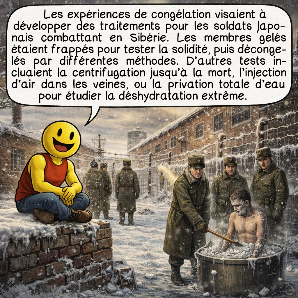 L’unité 731, case 4 : Les expériences de congélation visaient à développer des traitements pour les soldats japonais combattant en Sibérie. Les membres gelés étaient frappés pour tester la solidité, puis décongelés par différentes méthodes. D’autres tests incluaient la centrifugation jusqu’à la mort, l’injection d’air dans les veines, ou la privation totale d’eau pour étudier la déshydratation extrême.