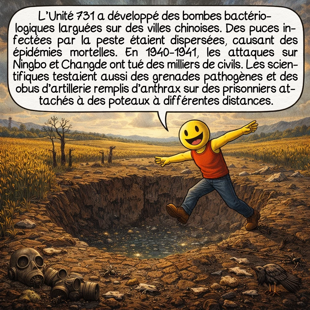L’unité 731, case 5 : L’Unité 731 a développé des bombes bactériologiques larguées sur des villes chinoises. Des puces infectées par la peste étaient dispersées, causant des épidémies mortelles. En 1940-1941, les attaques sur Ningbo et Changde ont tué des milliers de civils. Les scientifiques testaient aussi des grenades pathogènes et des obus d’artillerie remplis d’anthrax sur des prisonniers attachés à des poteaux à différentes distances.