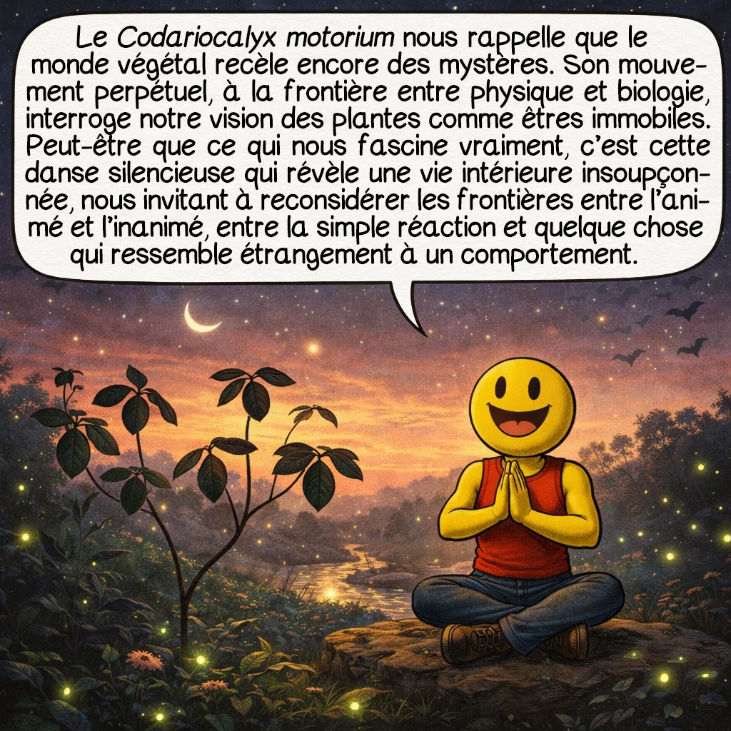 La plante qui danse, case 10 : Le Codariocalyx motorium nous rappelle que le monde végétal recèle encore des mystères. Son mouvement perpétuel, à la frontière entre physique et biologie, questionne notre vision des plantes comme êtres immobiles. Peut-être que ce qui nous fascine vraiment, c’est cette danse silencieuse qui révèle une vie intérieure insoupçonnée, nous invitant à reconsidérer les frontières entre l’animé et l’inanimé, entre la simple réaction et quelque chose qui ressemble étrangement à un comportement.
