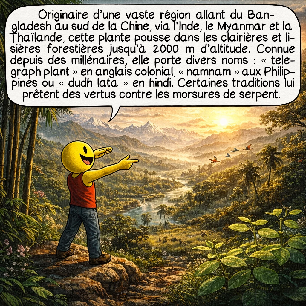 La plante qui danse, case 2 : Originaire d’une vaste zone allant du Bangladesh au sud de la Chine, en passant par l’Inde, le Myanmar et la Thaïlande, cette plante pousse naturellement dans les clairières et lisières forestières jusqu’à 2000 mètres d’altitude. Les populations locales la connaissent depuis des millénaires sous différents noms : « telegraph plant » en anglais colonial, « namnam » aux Philippines, ou « dudh lata » en Hindi. Certaines traditions lui attribuaient des propriétés médicinales contre les morsures de serpent.