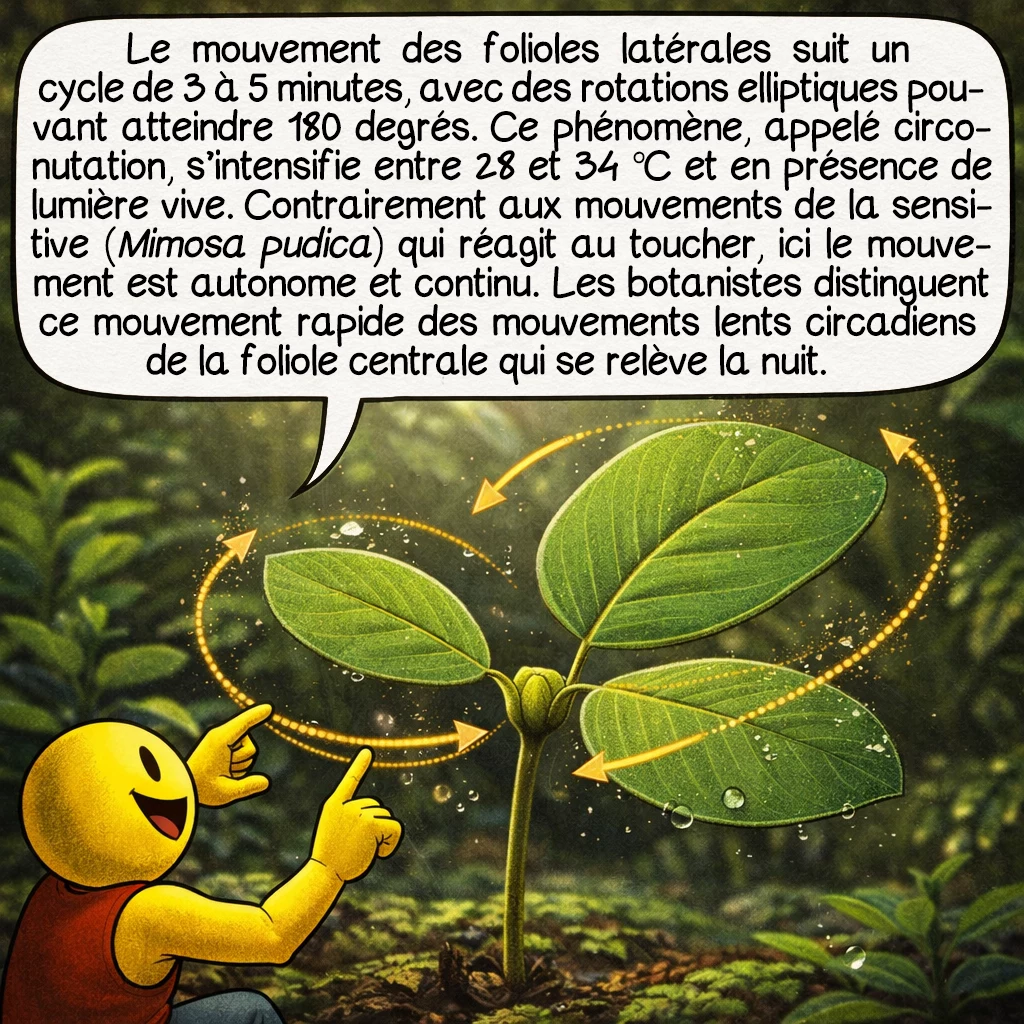 La plante qui danse, case 3 : Le mouvement des folioles latérales suit un cycle de 3 à 5 minutes, avec des rotations elliptiques pouvant atteindre 180 degrés. Ce phénomène, appelé circonutation, s’intensifie entre 28 et 34 °C et en présence de lumière vive. Contrairement aux mouvements de la sensitive (Mimosa pudica) qui réagit au toucher, ici le mouvement est autonome et continu. Les botanistes distinguent ce mouvement rapide des mouvements lents circadiens de la foliole centrale qui se relève la nuit.