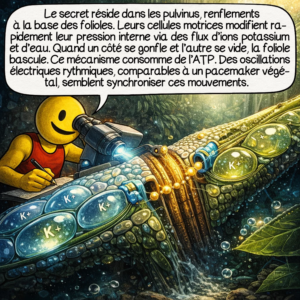 La plante qui danse, case 4 : Le secret réside dans les pulvinus, ces renflements à la base des folioles. Les cellules motrices y modifient rapidement leur pression interne par des flux d’ions potassium et d’eau. Quand un côté se gonfle et l’autre se dégonfle, la foliole bascule. Ce mécanisme consomme de l’ATP, l’énergie cellulaire. Les scientifiques ont identifié des oscillations électriques rythmiques dans ces tissus, similaires à un pacemaker végétal qui synchroniserait les mouvements.
