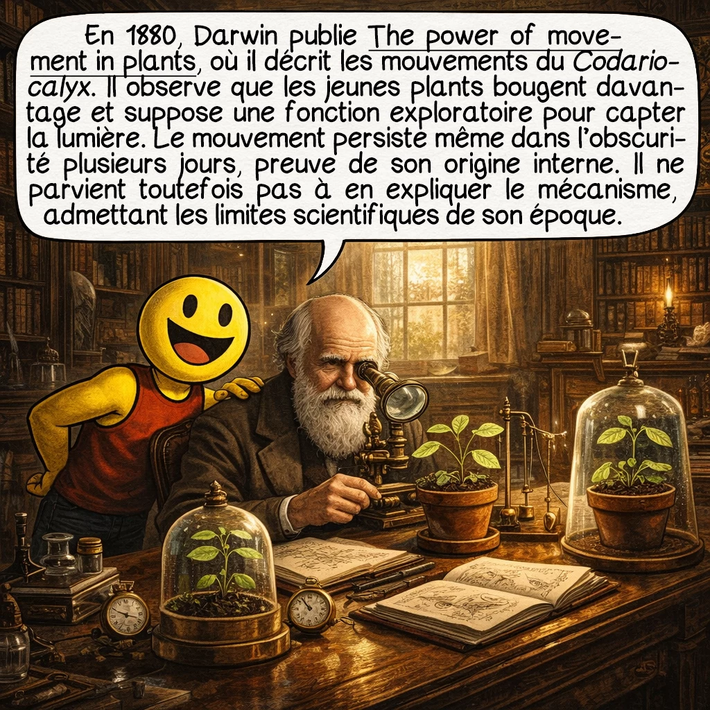 La plante qui danse, case 5 : En 1880, Darwin publie « The Power of Movement in Plants » où il documente méticuleusement les mouvements du Codariocalyx. Il note que les jeunes plantes bougent plus vigoureusement et suppose une fonction exploratoire pour optimiser la capture de lumière. Ses expériences montrent que le mouvement persiste même dans l’obscurité complète pendant plusieurs jours, prouvant son caractère endogène. Il échoue cependant à identifier le mécanisme exact, reconnaissant humblement les limites de la science de son époque.