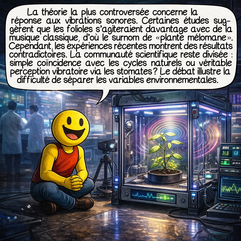La plante qui danse, case 6 : La théorie la plus controversée concerne la réponse aux vibrations sonores. Certaines études suggèrent que les folioles s’agiteraient davantage avec de la musique classique, d’où le surnom de « plante mélomane ». Cependant, les expériences rigoureuses récentes montrent des résultats contradictoires. La communauté scientifique reste divisée : simple coïncidence avec les cycles naturels ou véritable perception vibratoire via les stomates ? Le débat illustre la difficulté de séparer les variables environnementales.