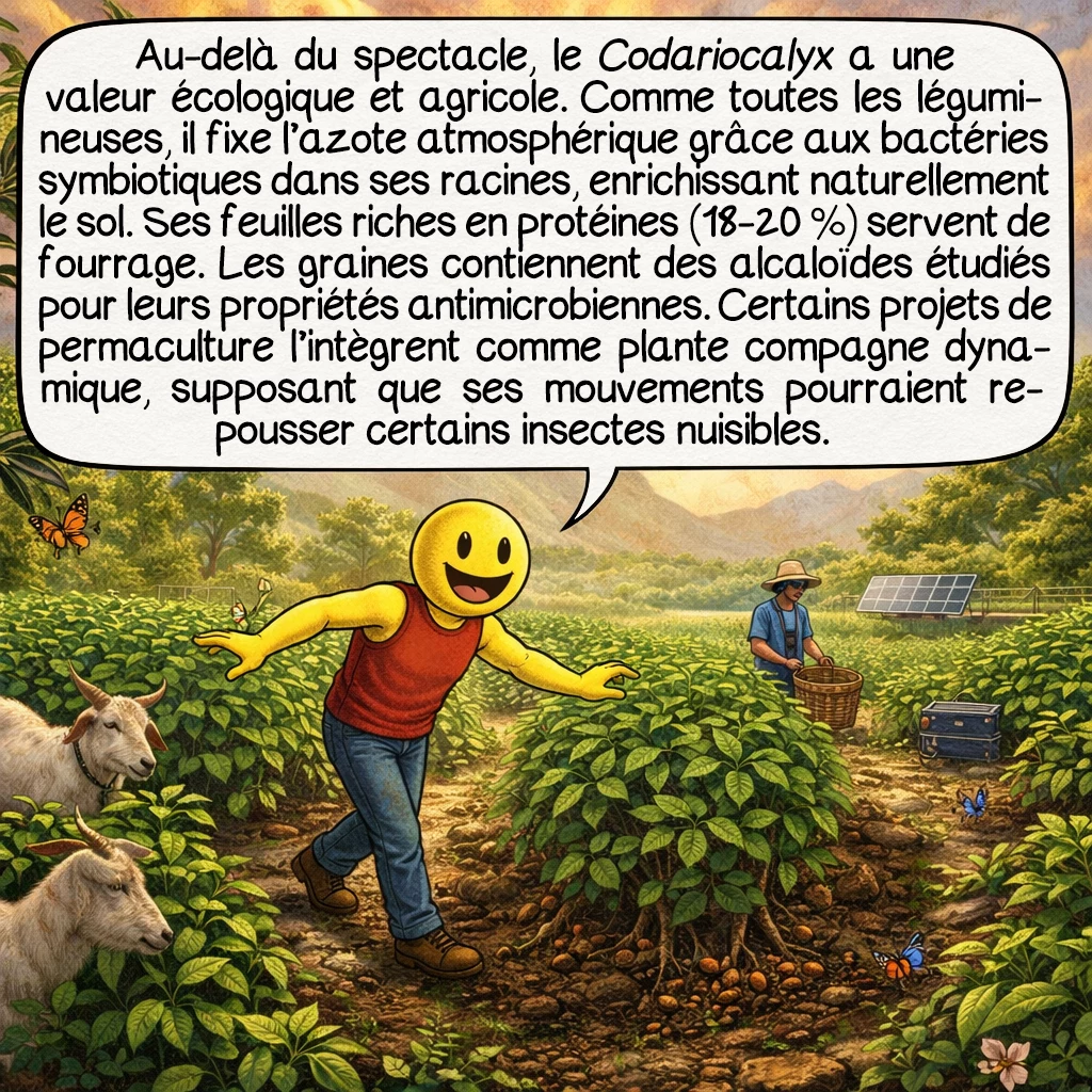 La plante qui danse, case 7 : Au-delà du spectacle, le Codariocalyx a une valeur écologique et agricole. Comme toutes les légumineuses, il fixe l’azote atmosphérique grâce aux bactéries symbiotiques dans ses racines, enrichissant naturellement le sol. Ses feuilles riches en protéines (18-20 %) servent de fourrage. Les graines contiennent des alcaloïdes étudiés pour leurs propriétés antimicrobiennes. Certains projets de permaculture l’intègrent comme plante compagne dynamique, supposant que ses mouvements pourraient repousser certains insectes nuisibles.