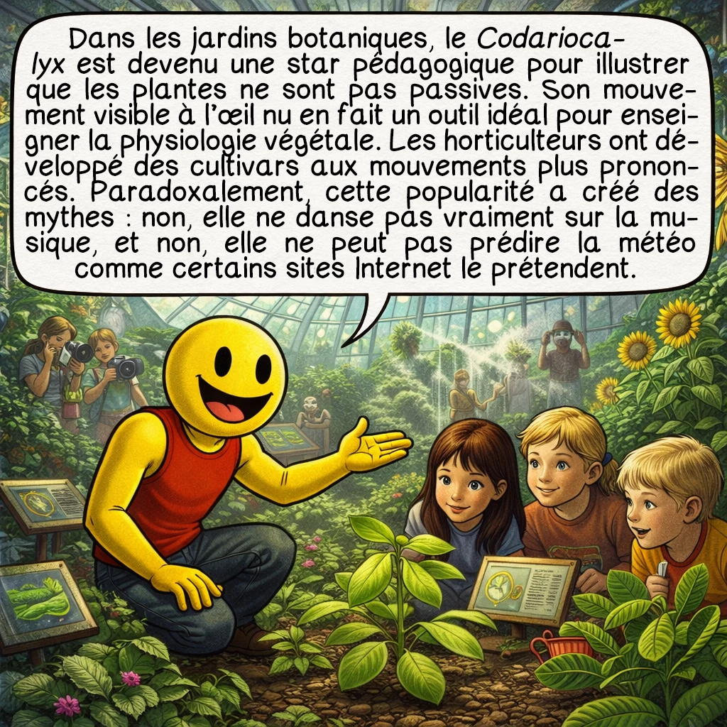 La plante qui danse, case 8 : Dans les jardins botaniques, le Codariocalyx est devenu une star pédagogique pour illustrer que les plantes ne sont pas passives. Son mouvement visible à l’œil nu en fait un outil idéal pour enseigner la physiologie végétale. Les horticulteurs ont développé des cultivars aux mouvements plus prononcés. Paradoxalement, cette popularité a créé des mythes : non, elle ne danse pas vraiment sur la musique, et non, elle ne peut pas prédire la météo comme certains sites internet le prétendent.
