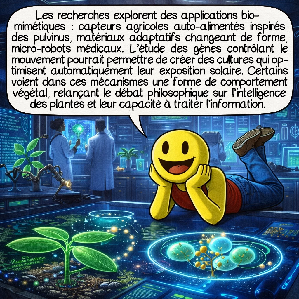 La plante qui danse, case 9 : Les recherches actuelles explorent des applications biomimétiques : capteurs agricoles auto-alimentés inspirés des pulvinus, matériaux adaptatifs changeant de forme, micro-robots médicaux. L’étude des gènes contrôlant le mouvement pourrait permettre de créer des cultures qui optimisent automatiquement leur exposition solaire. Certains voient dans ces mécanismes une forme primitive de comportement végétal, relançant le débat philosophique sur l’intelligence des plantes et leur capacité à traiter l’information environnementale.