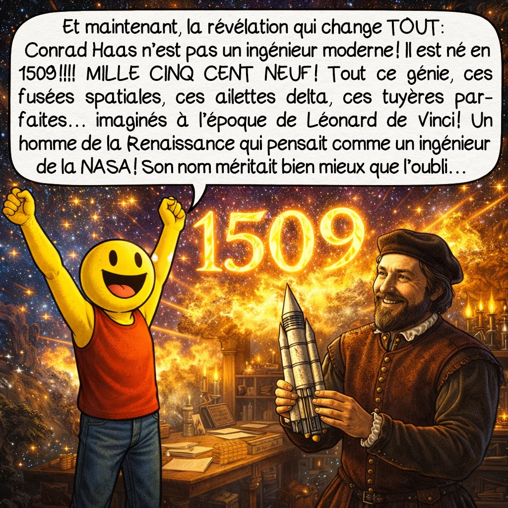 Conrad Haas, case 10 : Et maintenant, la révélation qui change TOUT : Conrad Haas n’est pas un ingénieur moderne ! Il est né en 1509 !!!! :-o :-o MILLE CINQ CENT NEUF ! Tout ce génie, ces fusées spatiales, ces ailettes delta, ces tuyères parfaites… imaginés à l’époque de Léonard de Vinci ! Un homme de la Renaissance qui pensait comme un ingénieur de la NASA ! Son nom méritait bien mieux que l’oubli…