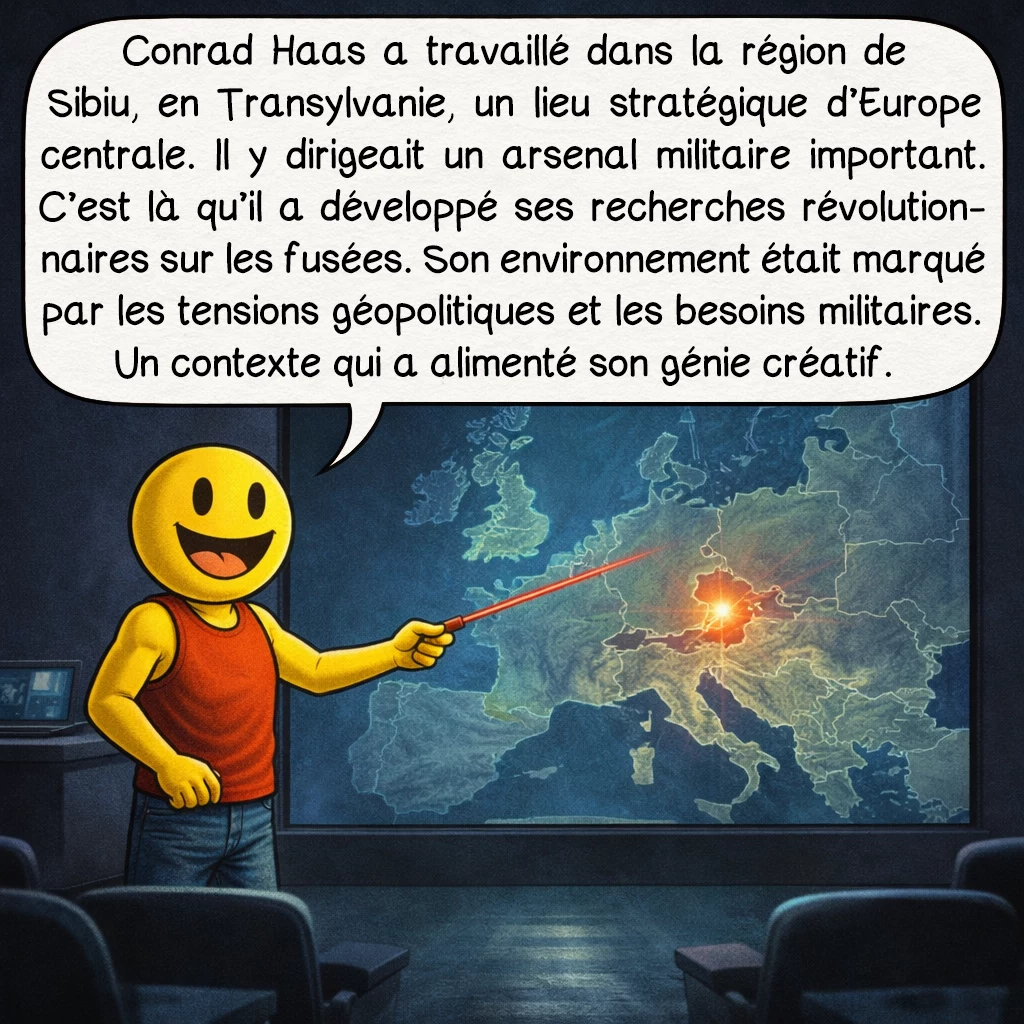 Conrad Haas, case 2 : Conrad Haas a travaillé dans la région de Sibiu, en Transylvanie, un lieu stratégique d’Europe centrale. Il y dirigeait un arsenal militaire important. C’est là qu’il a développé ses recherches révolutionnaires sur les fusées. Son environnement était marqué par les tensions géopolitiques et les besoins militaires. Un contexte qui a alimenté son génie créatif.