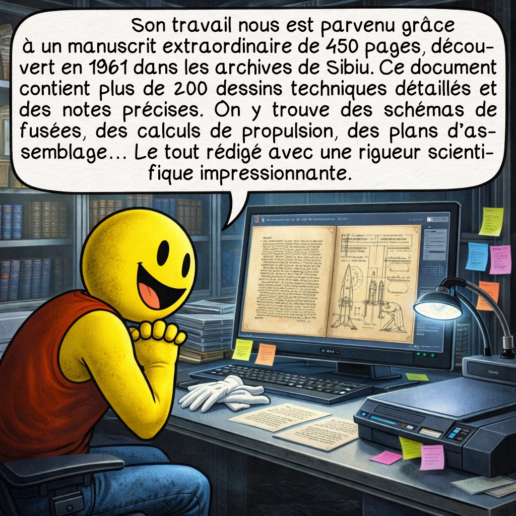 Conrad Haas, case 3 : Son travail nous est parvenu grâce à un manuscrit extraordinaire de 450 pages, découvert en 1961 dans les archives de Sibiu. Ce document contient plus de 200 dessins techniques détaillés et des notes précises. On y trouve des schémas de fusées, des calculs de propulsion, des plans d’assemblage… Le tout rédigé avec une rigueur scientifique impressionnante.