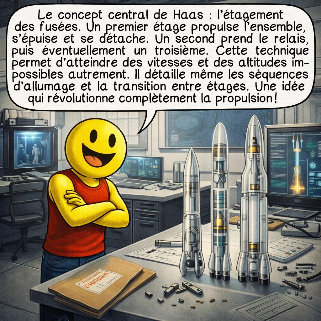 Conrad Haas, case 4 : Le concept central de Haas : l’étagement des fusées. Un premier étage propulse l’ensemble, s’épuise et se détache. Un second prend le relais, puis éventuellement un troisième. Cette technique permet d’atteindre des vitesses et des altitudes impossibles autrement. Il détaille même les séquences d’allumage et la transition entre étages. Une idée qui révolutionne complètement la propulsion !