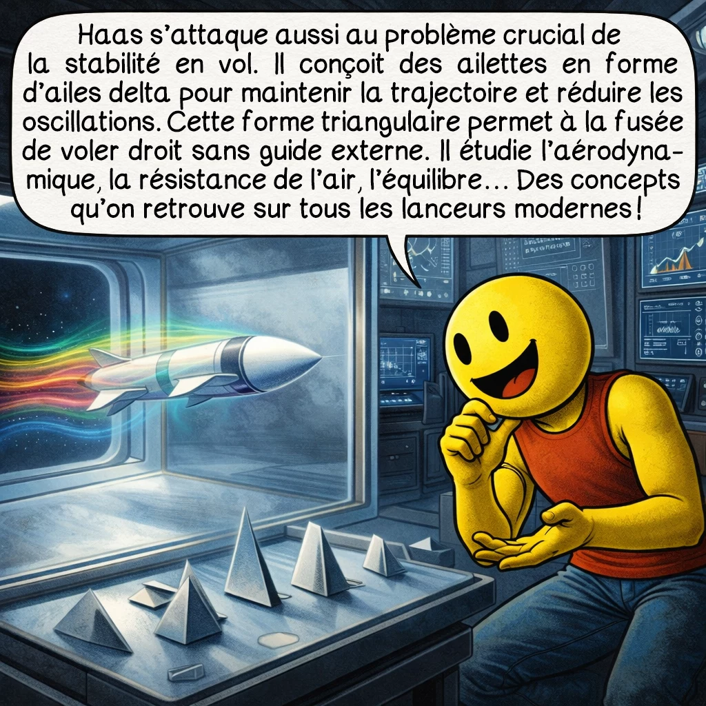 Conrad Haas, case 5 : Haas s’attaque aussi au problème crucial de la stabilité en vol. Il conçoit des ailettes en forme d’ailes delta pour maintenir la trajectoire et réduire les oscillations. Cette forme triangulaire permet à la fusée de voler droit sans guide externe. Il étudie l’aérodynamique, la résistance de l’air, l’équilibre… Des concepts qu’on retrouve sur tous les lanceurs modernes !