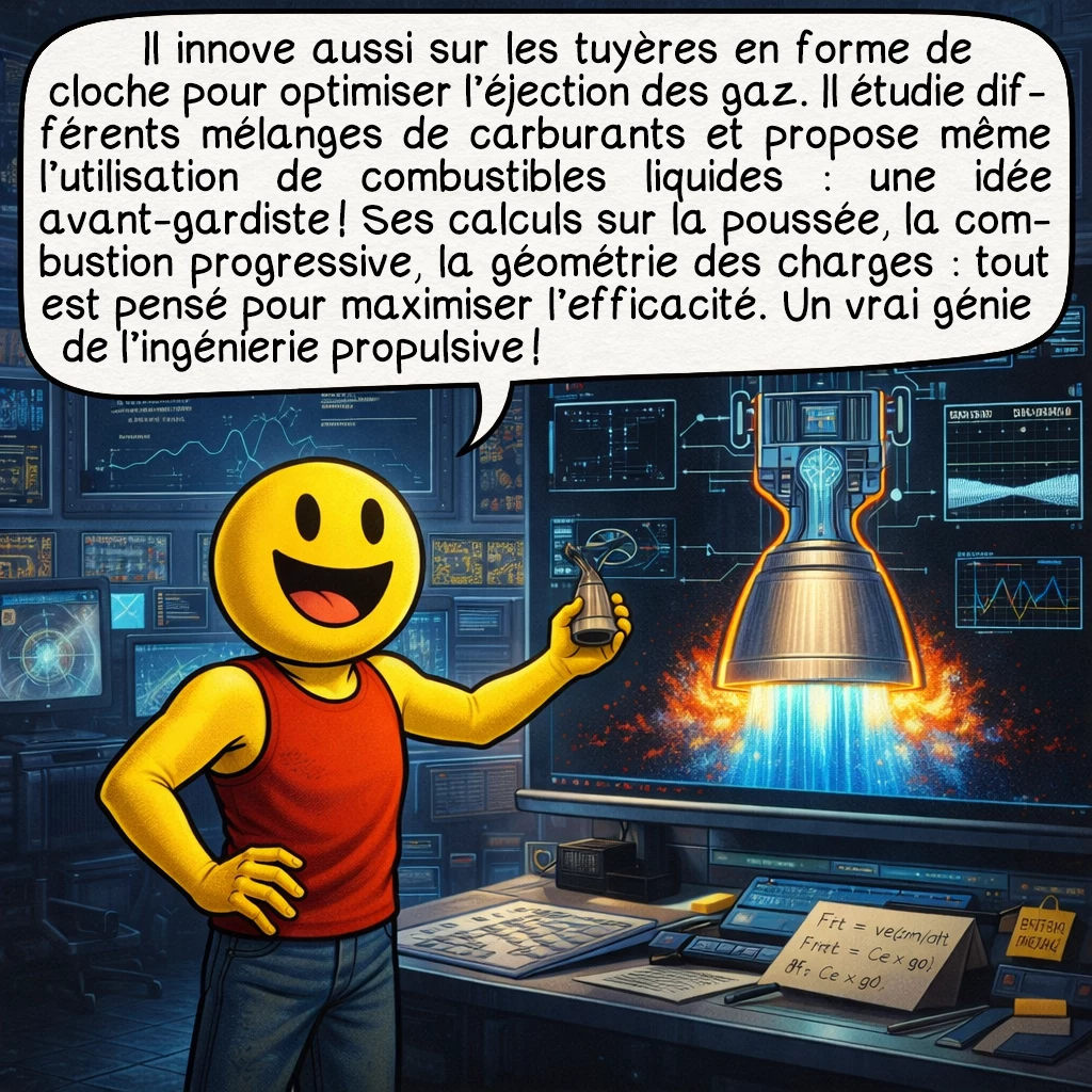 Conrad Haas, case 6 : Il innove aussi sur les tuyères en forme de cloche pour optimiser l’éjection des gaz. Il étudie différents mélanges de carburants et propose même l’utilisation de combustibles liquides — une idée avant-gardiste ! Ses calculs sur la poussée, la combustion progressive, la géométrie des charges : tout est pensé pour maximiser l’efficacité. Un vrai génie de l’ingénierie propulsive !
