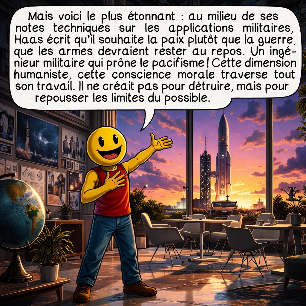 Conrad Haas, case 7 : Mais voici le plus étonnant : au milieu de ses notes techniques sur les applications militaires, Haas écrit qu’il souhaite la paix plutôt que la guerre, que les armes devraient rester au repos. Un ingénieur militaire qui prône le pacifisme ! Cette dimension humaniste, cette conscience morale traverse tout son travail. Il ne créait pas pour détruire, mais pour repousser les limites du possible.