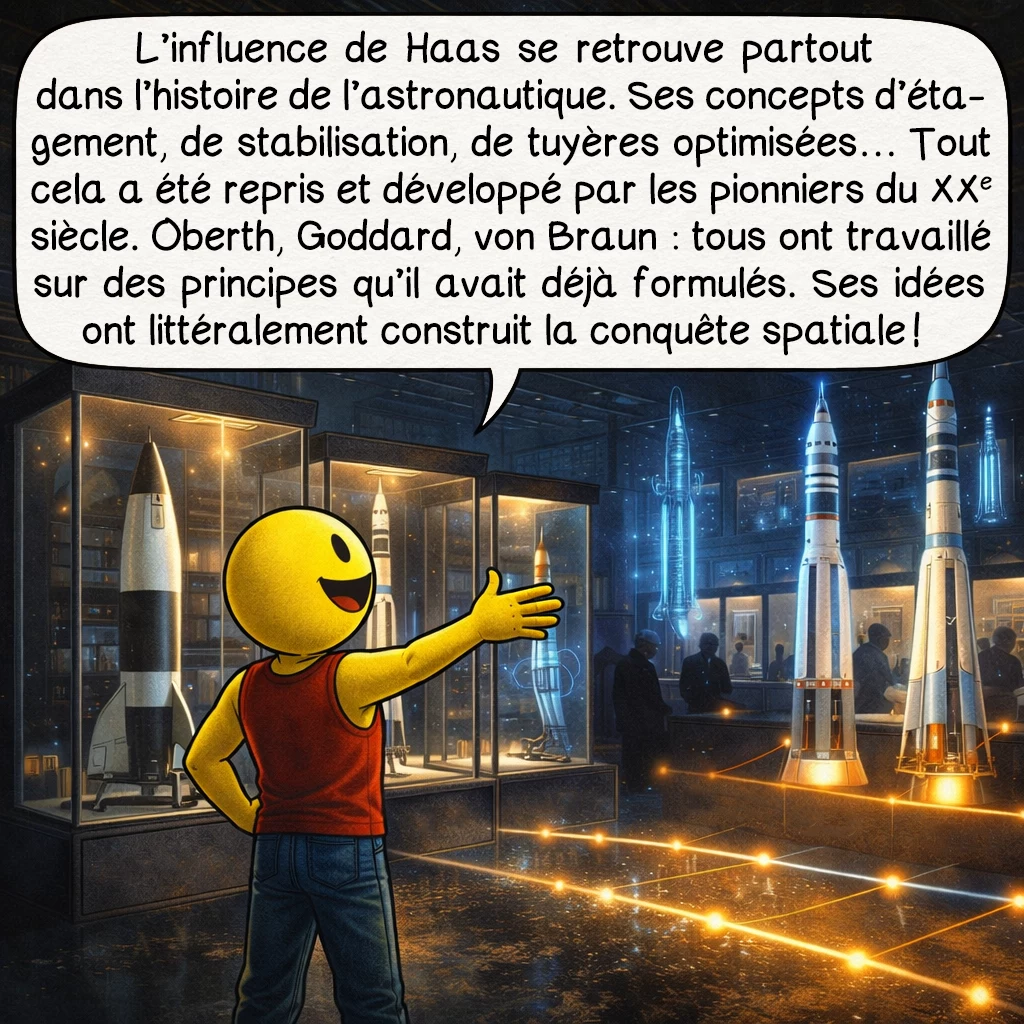 Conrad Haas, case 8 : L’influence de Haas se retrouve partout dans l’histoire de l’astronautique. Ses concepts d’étagement, de stabilisation, de tuyères optimisées… Tout cela a été repris et développé par les pionniers du XXe siècle. Oberth, Goddard, von Braun : tous ont travaillé sur des principes qu’il avait déjà formulés. Ses idées ont littéralement construit la conquête spatiale !