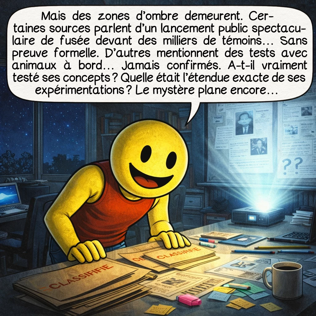 Conrad Haas, case 9 : Mais des zones d’ombre demeurent. Certaines sources parlent d’un lancement public spectaculaire de fusée devant des milliers de témoins… Sans preuve formelle. D’autres mentionnent des tests avec animaux à bord… Jamais confirmés. A-t-il vraiment testé ses concepts ? Quelle était l’étendue exacte de ses expérimentations ? Le mystère plane encore…