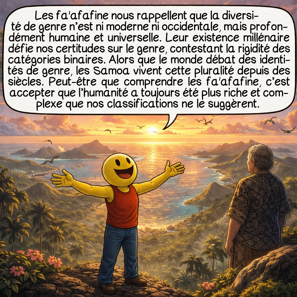 Les fa’afafine, case 10 : Les fa'afafine nous rappellent que la diversité de genre n’est ni moderne ni occidentale, mais profondément humaine et universelle. Leur existence millénaire défie nos certitudes sur le genre, contestant la rigidité des catégories binaires. Alors que le monde débat des identités de genre, les Samoa vivent cette pluralité depuis des siècles. Peut-être que comprendre les fa'afafine, c’est accepter que l’humanité a toujours été plus riche et complexe que nos classifications ne le suggèrent.