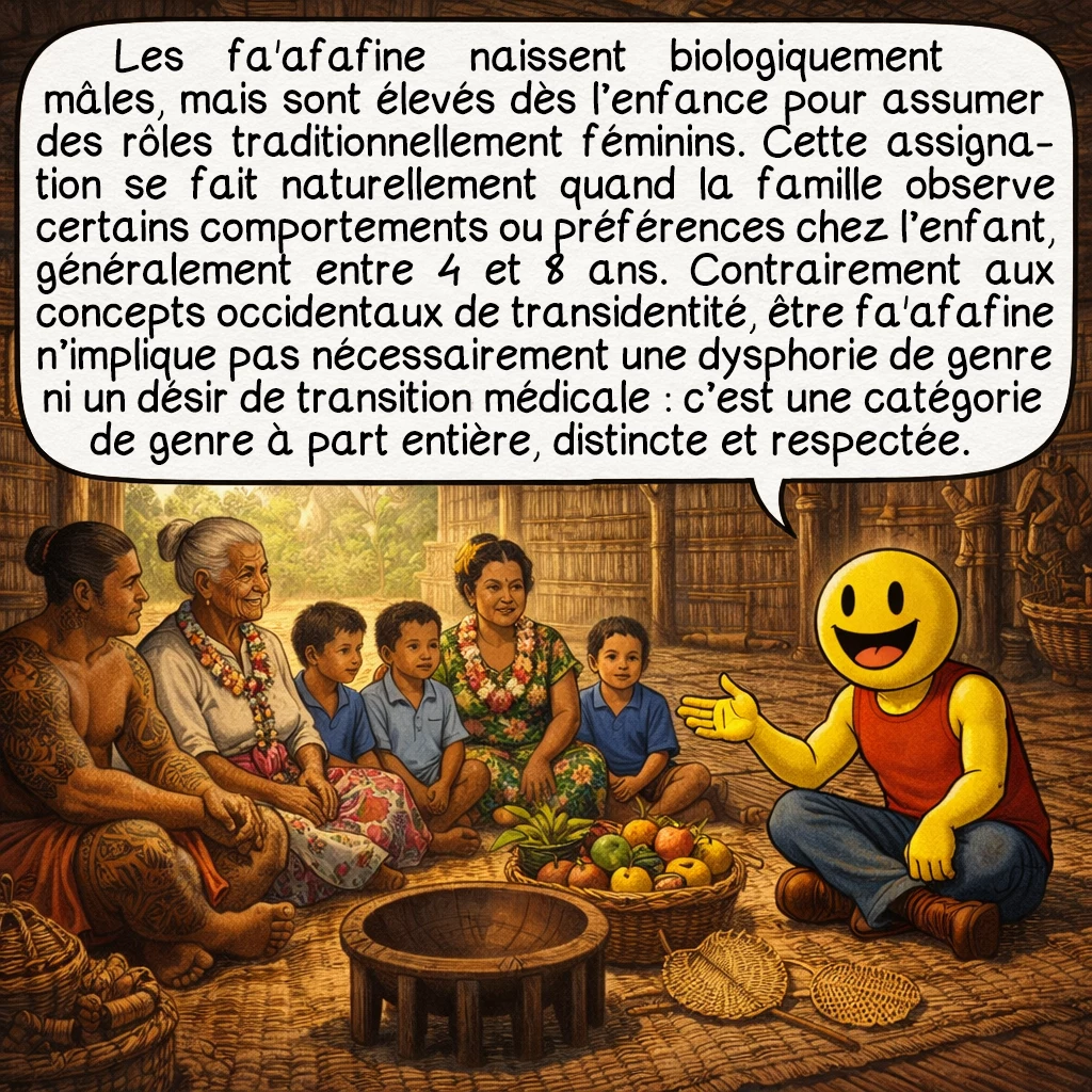 Les fa’afafine, case 2 : Les fa'afafine naissent biologiquement mâles, mais sont élevés dès l’enfance pour assumer des rôles traditionnellement féminins. Cette assignation se fait naturellement quand la famille observe certains comportements ou préférences chez l’enfant, généralement entre 4 et 8 ans. Contrairement aux concepts occidentaux de transidentité, être fa'afafine n’implique pas nécessairement une dysphorie de genre ni un désir de transition médicale — c’est une catégorie de genre à part entière, distincte et respectée.