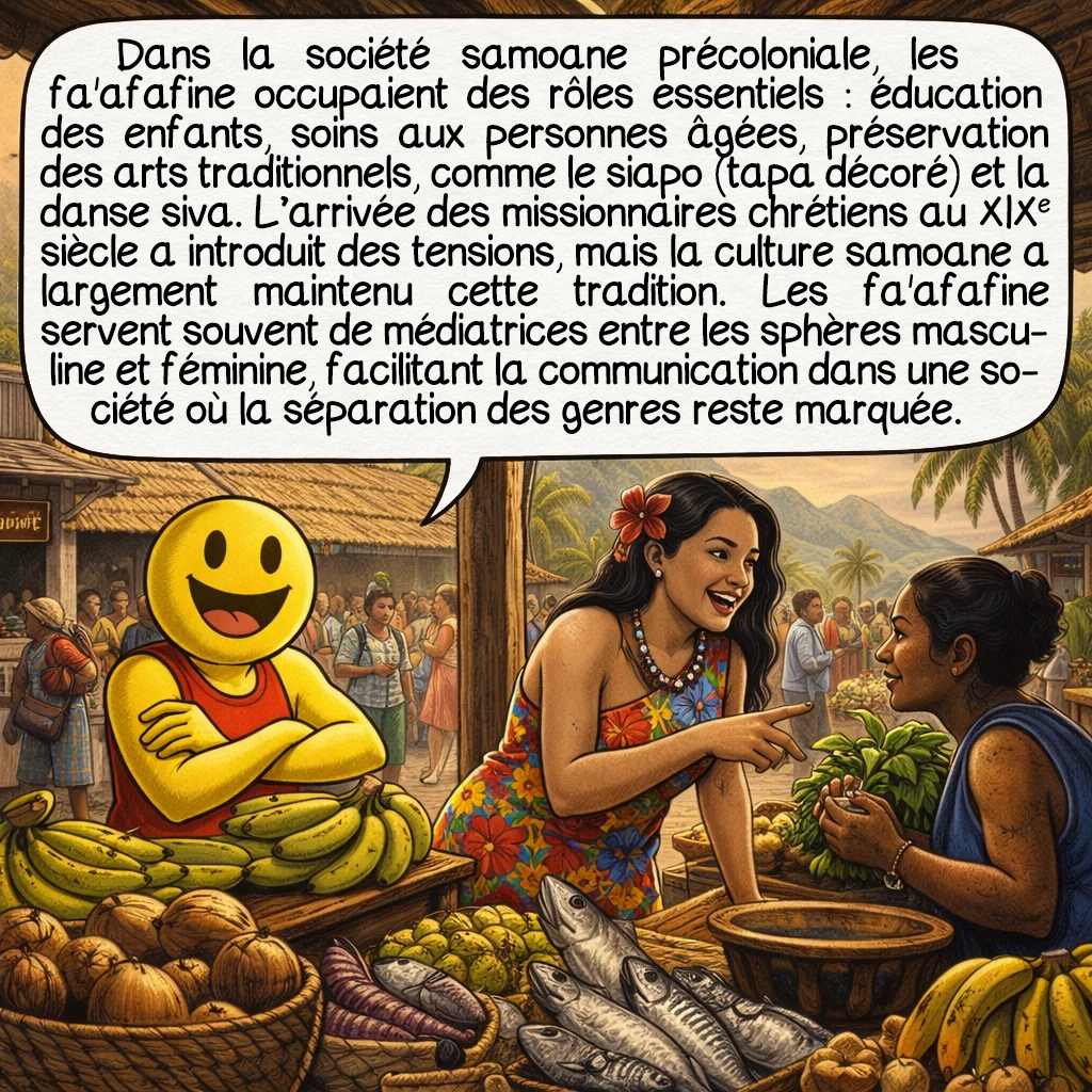 Les fa’afafine, case 3 : Dans la société samoane précoloniale, les fa'afafine occupaient des rôles essentiels : éducation des enfants, soins aux personnes âgées, préservation des arts traditionnels, comme le siapo (tapa décoré) et la danse siva. L’arrivée des missionnaires chrétiens au XIXe siècle a introduit des tensions, mais la culture samoane a largement maintenu cette tradition. Les fa'afafine servent souvent de médiatrices entre les sphères masculine et féminine, facilitant la communication dans une société où la séparation des genres reste marquée.