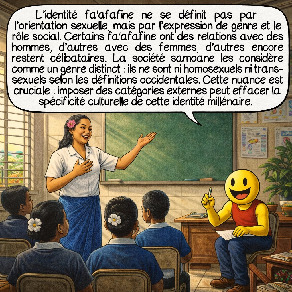 Les fa’afafine, case 4 : L’identité fa'afafine ne se définit pas par l’orientation sexuelle, mais par l’expression de genre et le rôle social. Certains fa'afafine ont des relations avec des hommes, d’autres avec des femmes, d’autres encore restent célibataires. La société samoane les considère comme un genre distinct : ils ne sont ni homosexuels ni transsexuels selon les définitions occidentales. Cette nuance est cruciale : imposer des catégories externes peut effacer la spécificité culturelle de cette identité millénaire.