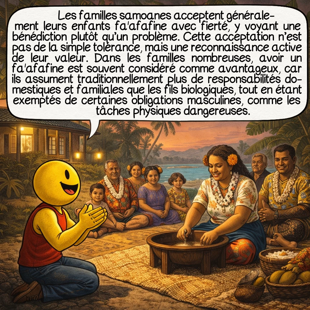Les fa’afafine, case 5 : Les familles samoanes acceptent généralement leurs enfants fa'afafine avec fierté, y voyant une bénédiction plutôt qu’un problème. Cette acceptation n’est pas de la simple tolérance, mais une reconnaissance active de leur valeur. Dans les familles nombreuses, avoir un fa'afafine est souvent considéré comme avantageux, car ils assument traditionnellement plus de responsabilités domestiques et familiales que les fils biologiques, tout en étant exemptés de certaines obligations masculines, comme les tâches physiques dangereuses.