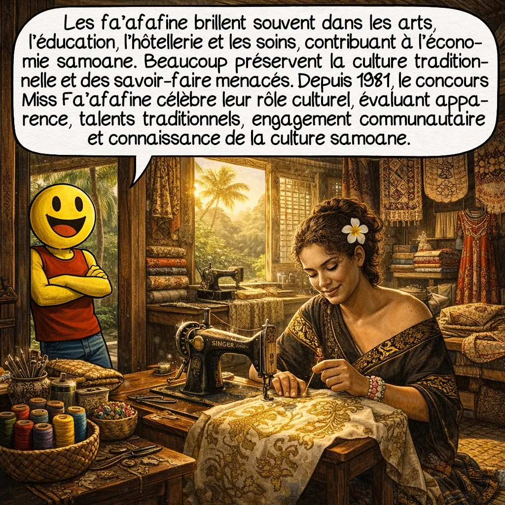 Les fa’afafine, case 6 : Les fa'afafine excellent souvent dans les arts, l’éducation, l’hôtellerie et les soins, contribuant significativement à l’économie samoane. Beaucoup deviennent des gardiens de la culture traditionnelle, maîtrisant des savoir-faire menacés de disparition. Depuis 1981, le concours annuel Miss Fa'afafine célèbre leur contribution culturelle, évaluant non seulement l’apparence, mais aussi les talents traditionnels, l’engagement communautaire et la connaissance de la culture samoane.