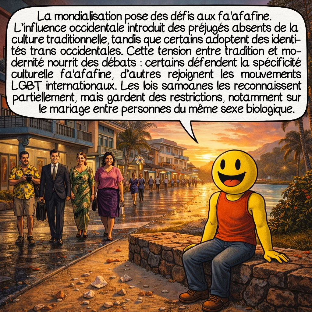Les fa’afafine, case 7 : La mondialisation présente des défis complexes pour les fa'afafine. L’influence occidentale introduit parfois des préjugés absents de la culture traditionnelle, tandis que certains fa'afafine adoptent des identités trans occidentales. Cette tension entre tradition et modernité génère des débats : certains défendent la spécificité culturelle fa'afafine, d’autres embrassent les mouvements LGBTQ+ internationaux. Les lois samoanes reconnaissent partiellement les fa'afafine, mais maintiennent des restrictions, notamment sur le mariage entre personnes du même sexe biologique.