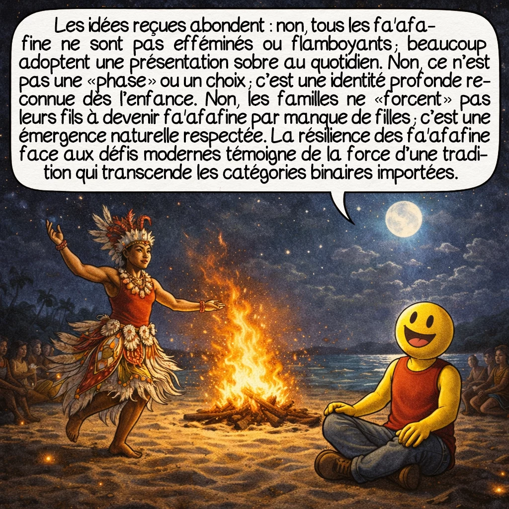 Les fa’afafine, case 9 : Les idées reçues abondent : non, tous les fa'afafine ne sont pas efféminés ou flamboyants ; beaucoup adoptent une présentation sobre au quotidien. Non, ce n’est pas une « phase » ou un choix ; c’est une identité profonde reconnue dès l’enfance. Non, les familles ne « forcent » pas leurs fils à devenir fa'afafine par manque de filles ; c’est une émergence naturelle respectée. La résilience des fa'afafine face aux défis modernes témoigne de la force d’une tradition qui transcende les catégories binaires importées.