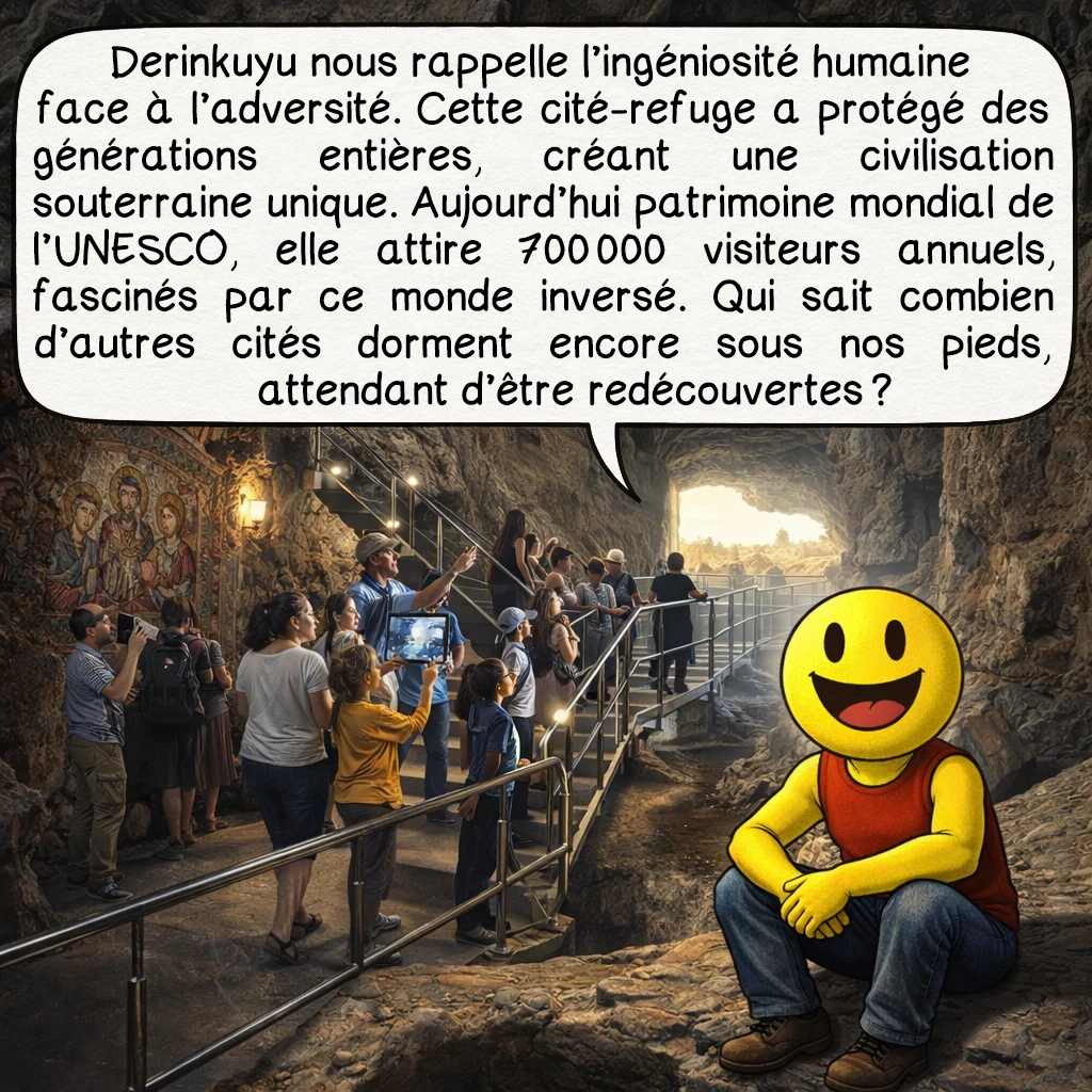 Derinkuyu, case 10 : Derinkuyu nous rappelle l’ingéniosité humaine face à l’adversité. Cette cité-refuge a protégé des générations entières, créant une civilisation souterraine unique. Aujourd’hui patrimoine mondial de l’UNESCO, elle attire 700 000 visiteurs annuels, fascinés par ce monde inversé. Qui sait combien d’autres cités dorment encore sous nos pieds, attendant d’être redécouvertes ?