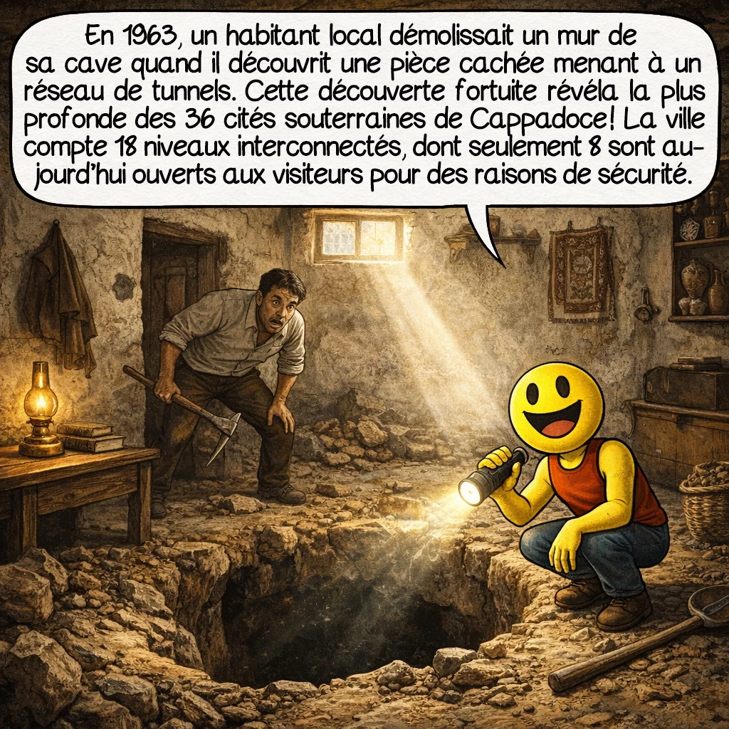 Derinkuyu, case 2 : En 1963, un habitant local démolissait un mur de sa cave quand il découvrit une pièce cachée menant à un réseau de tunnels. Cette découverte fortuite révéla la plus profonde des 36 cités souterraines de Cappadoce ! La ville compte 18 niveaux interconnectés, dont seulement 8 sont aujourd’hui ouverts aux visiteurs pour des raisons de sécurité.