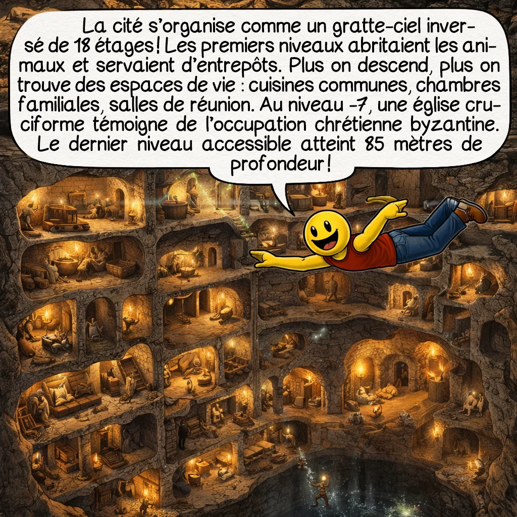 Derinkuyu, case 3 : La cité s’organise comme un gratte-ciel inversé de 18 étages ! Les premiers niveaux abritaient les animaux et servaient d’entrepôts. Plus on descend, plus on trouve des espaces de vie : cuisines communes, chambres familiales, salles de réunion. Au niveau -7, une église cruciforme témoigne de l’occupation chrétienne byzantine. Le dernier niveau accessible atteint 85 mètres de profondeur !