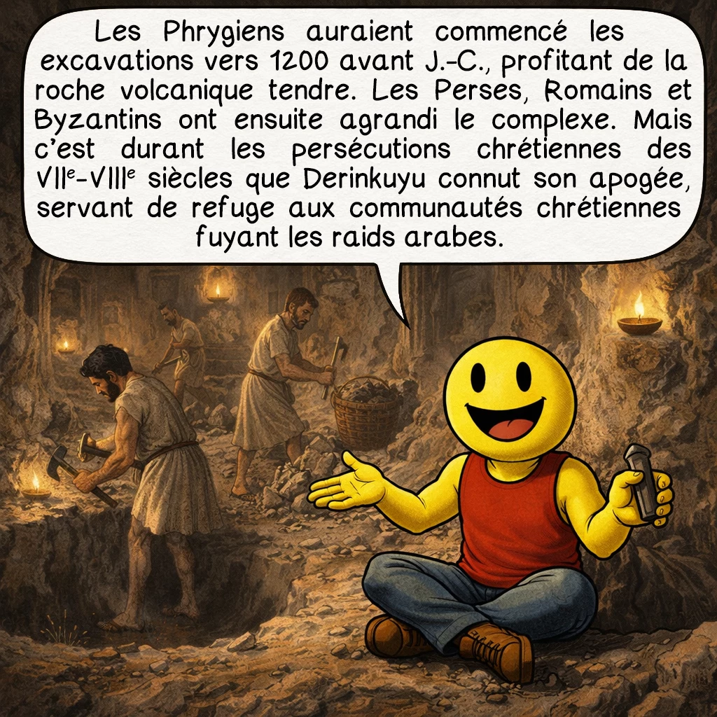 Derinkuyu, case 4 : Les Phrygiens auraient commencé les excavations vers 1200 avant J.-C., profitant de la roche volcanique tendre. Les Perses, Romains et Byzantins ont ensuite agrandi le complexe. Mais c’est durant les persécutions chrétiennes des VIIe-VIIIe siècles que Derinkuyu connut son apogée, servant de refuge aux communautés chrétiennes fuyant les raids arabes.