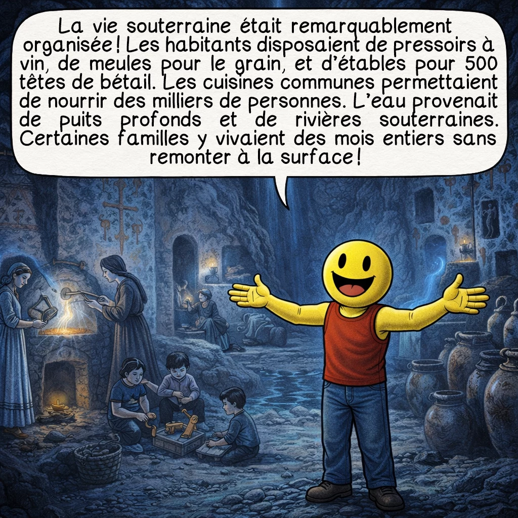 Derinkuyu, case 5 : La vie souterraine était remarquablement organisée ! Les habitants disposaient de pressoirs à vin, de meules pour le grain, et d’étables pour 500 têtes de bétail. Les cuisines communes permettaient de nourrir des milliers de personnes. L’eau provenait de puits profonds et de rivières souterraines. Certaines familles y vivaient des mois entiers sans remonter à la surface !