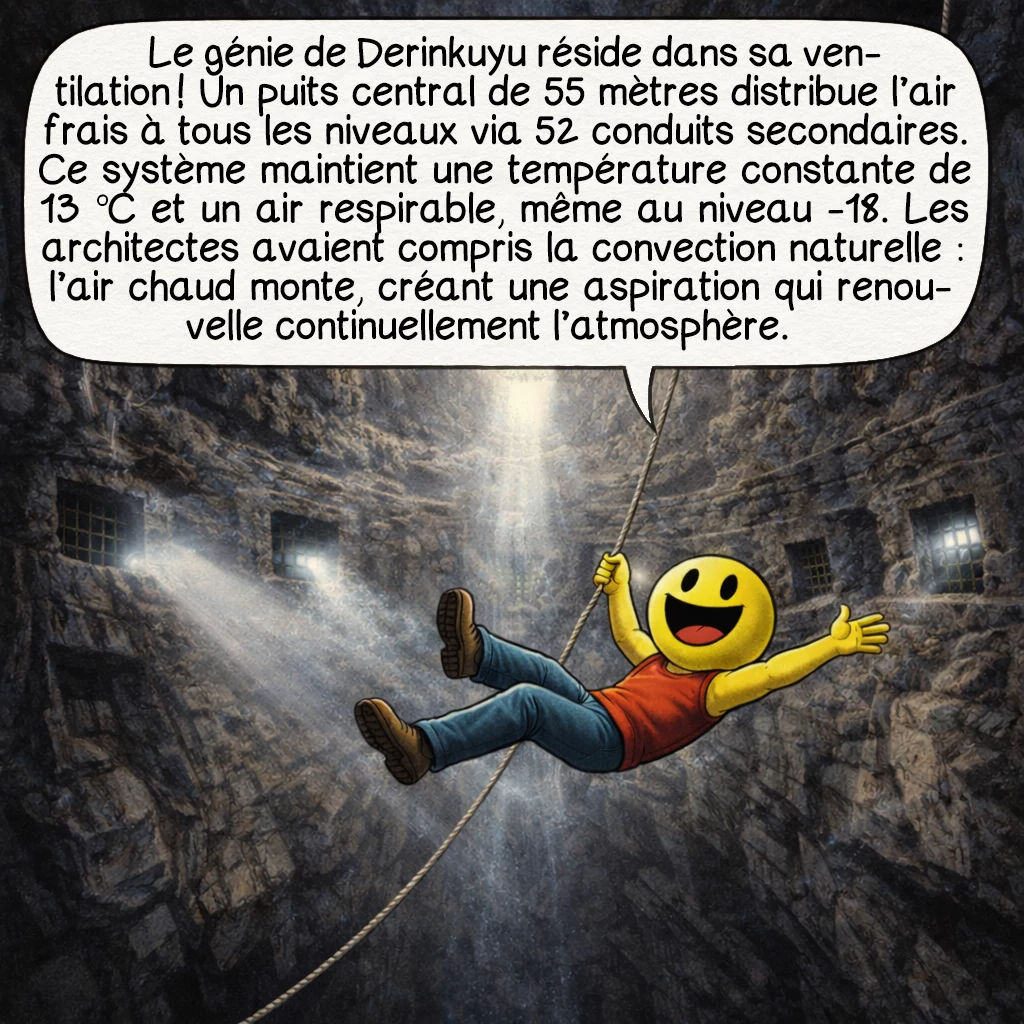 Derinkuyu, case 6 : Le génie de Derinkuyu réside dans sa ventilation ! Un puits central de 55 mètres distribue l’air frais à tous les niveaux via 52 conduits secondaires. Ce système maintient une température constante de 13 °C et un air respirable, même au niveau -18. Les architectes avaient compris la convection naturelle : l’air chaud monte, créant une aspiration qui renouvelle continuellement l’atmosphère. »