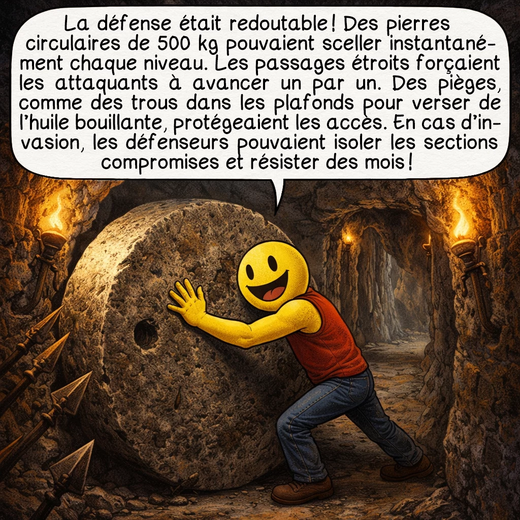 Derinkuyu, case 7 : La défense était redoutable ! Des pierres circulaires de 500 kg pouvaient sceller instantanément chaque niveau. Les passages étroits forçaient les attaquants à avancer un par un. Des pièges, comme des trous dans les plafonds pour verser de l’huile bouillante, protégeaient les accès. En cas d’invasion, les défenseurs pouvaient isoler les sections compromises et résister des mois !