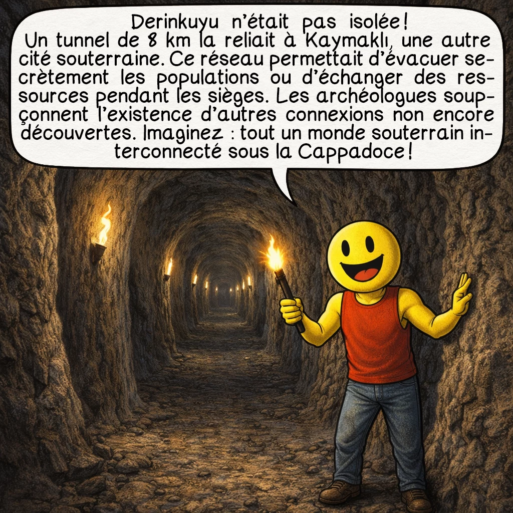 Derinkuyu, case 8 : Derinkuyu n’était pas isolée ! Un tunnel de 8 km la reliait à Kaymaklı, une autre cité souterraine. Ce réseau permettait d’évacuer secrètement les populations ou d’échanger des ressources pendant les sièges. Les archéologues soupçonnent l’existence d’autres connexions non encore découvertes. Imaginez : tout un monde souterrain interconnecté sous la Cappadoce !
