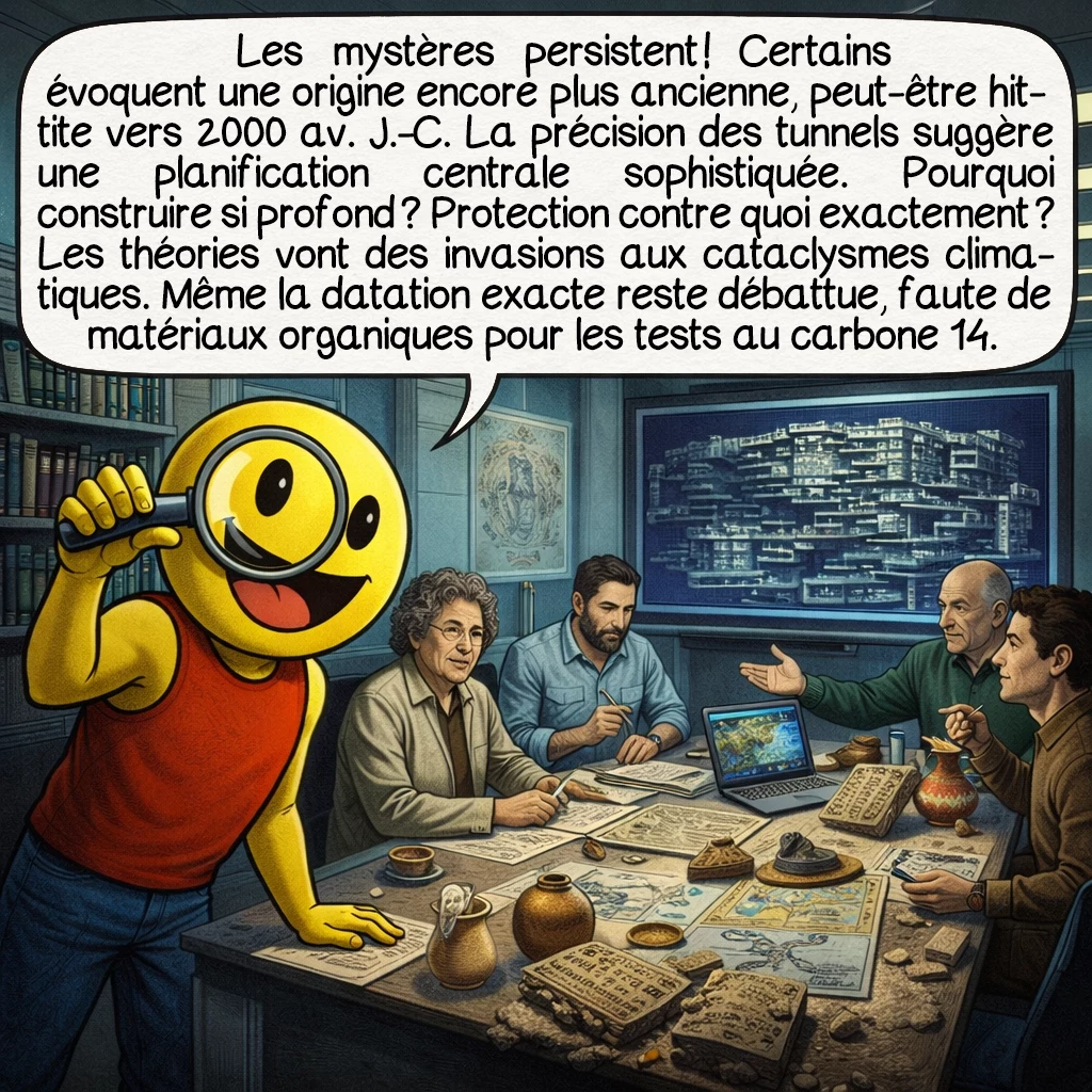 Derinkuyu, case 9 : Les mystères persistent ! Certains évoquent une origine encore plus ancienne, peut-être hittite vers 2000 av. J.-C. La précision des tunnels suggère une planification centrale sophistiquée. Pourquoi construire si profond ? Protection contre quoi exactement ? Les théories vont des invasions aux cataclysmes climatiques. Même la datation exacte reste débattue, faute de matériaux organiques pour les tests au carbone 14.