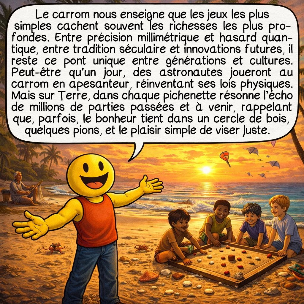 Le carrom, case 10 : Le carrom nous enseigne que les jeux les plus simples cachent souvent les richesses les plus profondes. Entre précision millimétrique et hasard quantique, entre tradition séculaire et innovations futures, il reste ce pont unique entre générations et cultures. Peut-être qu’un jour, des astronautes joueront au carrom en apesanteur, réinventant ses lois physiques. Mais sur Terre, dans chaque pichenette résonne l’écho de millions de parties passées et à venir, rappelant que, parfois, le bonheur tient dans un cercle de bois, quelques pions, et le plaisir simple de viser juste.