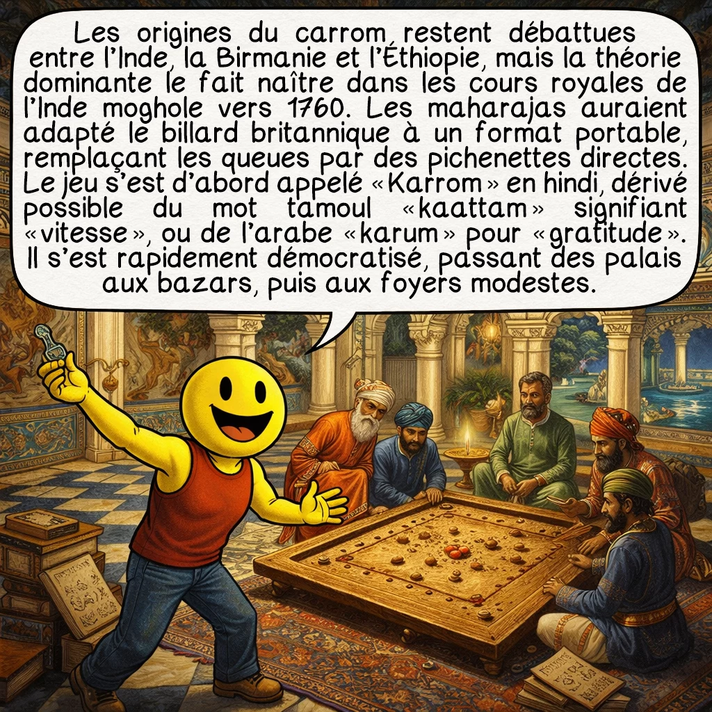 Le carrom, case 2 : Les origines du carrom restent débattues entre l’Inde, la Birmanie et l’Éthiopie, mais la théorie dominante le fait naître dans les cours royales de l’Inde moghole vers 1760. Les maharajas auraient adapté le billard britannique à un format portable, remplaçant les queues par des pichenettes directes. Le jeu s’est d’abord appelé « Karrom » en hindi, dérivé possible du mot tamoul « kaattam » signifiant « vitesse », ou de l’arabe « karum » pour « gratitude ». Il s’est rapidement démocratisé, passant des palais aux bazars, puis aux foyers modestes.