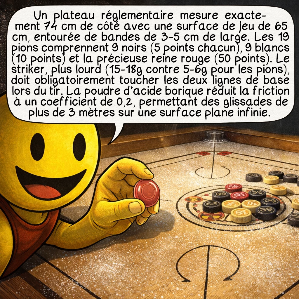Le carrom, case 3 : Un plateau réglementaire mesure exactement 74 cm de côté avec une surface de jeu de 65 cm, entourée de bandes de 3-5 cm de large. Les 19 pions comprennent 9 noirs (5 points chacun), 9 blancs (10 points) et la précieuse reine rouge (50 points). Le striker, plus lourd (15-18g contre 5-6g pour les pions), doit obligatoirement toucher les deux lignes de base lors du tir. La poudre d’acide borique réduit la friction à un coefficient de 0,2, permettant des glissades de plus de 3 mètres sur une surface plane infinie.