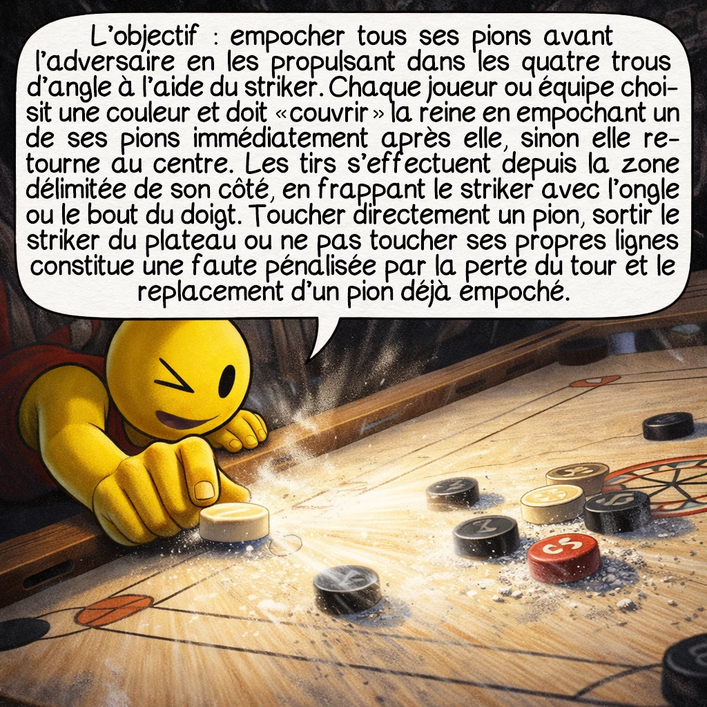 Le carrom, case 4 : L’objectif : empocher tous ses pions avant l’adversaire en les propulsant dans les quatre trous d’angle à l’aide du striker. Chaque joueur ou équipe choisit une couleur et doit « couvrir » la reine en empochant un de ses pions immédiatement après elle, sinon elle retourne au centre. Les tirs s’effectuent depuis la zone délimitée de son côté, en frappant le striker avec l’ongle ou le bout du doigt. Toucher directement un pion, sortir le striker du plateau ou ne pas toucher ses propres lignes constitue une faute pénalisée par la perte du tour et le replacement d’un pion déjà empoché.