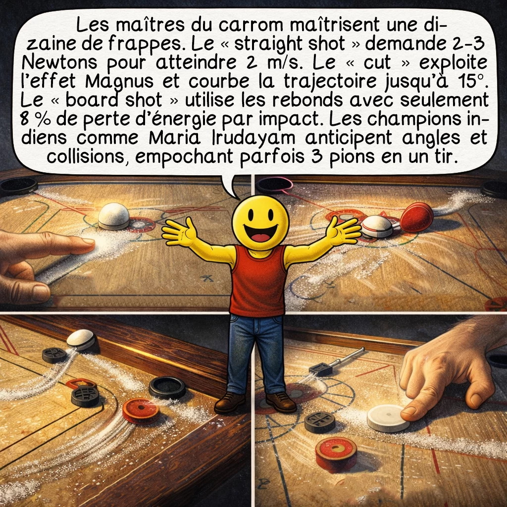 Le carrom, case 5 : Les maîtres du carrom maîtrisent une dizaine de techniques de frappe distinctes. Le « straight shot » direct demande une force de 2-3 Newtons pour une vitesse de 2 m/s. Le « cut » utilise l’effet Magnus pour courber la trajectoire jusqu’à 15 degrés. Le « board shot » exploite la conservation de l’énergie cinétique sur plusieurs rebonds avec seulement 8 % de perte par impact. Les champions indiens comme Maria Irudayam calculent instinctivement les angles de Snell et anticipent les collisions élastiques multiples, empochant parfois 3 pions en un seul tir grâce aux réactions en chaîne.