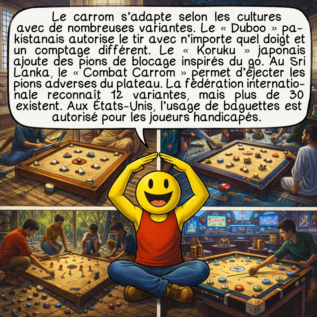Le carrom, case 6 : Le carrom s’est adapté à chaque culture avec des variantes fascinantes. Le « Duboo » pakistanais autorise le tir avec n’importe quel doigt et compte les points différemment. Le « Koruku » japonais intègre des éléments de go avec des pions supplémentaires de blocage. Au Sri Lanka, le « Combat Carrom » permet de projeter les pions adverses hors du plateau. L’International Carrom Federation reconnaît 12 variantes officielles, mais on en dénombre plus de 30 dans le monde. Les règles américaines autorisent même l’usage de baguettes pour les personnes handicapées, démocratisant l’accès au jeu.