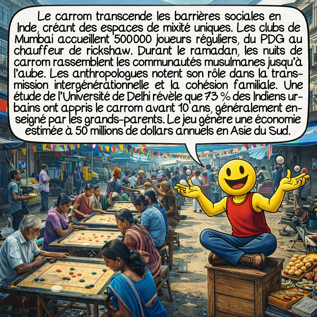 Le carrom, case 7 : Le carrom transcende les barrières sociales en Inde, créant des espaces de mixité uniques. Les clubs de Mumbai accueillent 500 000 joueurs réguliers, du PDG au chauffeur de rickshaw. Durant le ramadan, les nuits de carrom rassemblent les communautés musulmanes jusqu’à l’aube. Les anthropologues notent son rôle dans la transmission intergénérationnelle et la cohésion familiale. Une étude de l’Université de Delhi révèle que 73 % des Indiens urbains ont appris le carrom avant 10 ans, généralement enseigné par les grands-parents. Le jeu génère une économie informelle estimée à 50 millions de dollars annuels en Asie du Sud.