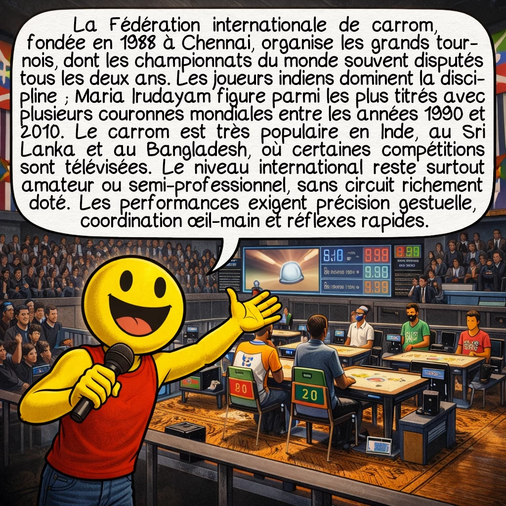Le carrom, case 8 : La Fédération internationale de Carrom, fondée en 1988 à Chennai, supervise les championnats du monde biennaux dotés de 100 000 dollars. L’Indien Prashant Hire détient le record de 1 h 39 pour remporter une finale, while Maria Irudayam a dominé le circuit féminin avec 9 titres mondiaux. Les matchs télévisés en Inde atteignent 15 millions de téléspectateurs, rivalisant avec le cricket en prime time. Le système de ranking Elo classe 3 000 joueurs professionnels. Les neurosciences révèlent que les champions présentent une coordination œil-main supérieure de 40 % à la moyenne et un temps de réaction de 180 ms.