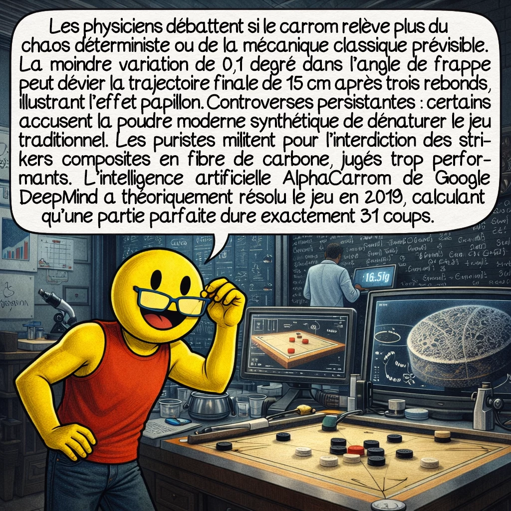 Le carrom, case 9 : Les physiciens débattent si le carrom relève plus du chaos déterministe ou de la mécanique classique prévisible. La moindre variation de 0,1 degré dans l’angle de frappe peut dévier la trajectoire finale de 15 cm après trois rebonds, illustrant l’effet papillon. Controverses persistantes : certains accusent la poudre moderne synthétique de dénaturer le jeu traditionnel. Les puristes militent pour l’interdiction des strikers composites en fibre de carbone, jugés trop performants. L’intelligence artificielle AlphaCarrom de Google DeepMind a théoriquement résolu le jeu en 2019, calculant qu’une partie parfaite dure exactement 31 coups.
