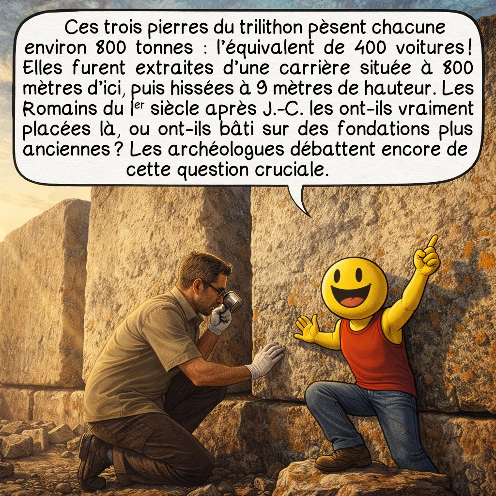 Baalbek, case 2 : Ces trois pierres du trilithon pèsent chacune environ 800 tonnes — l’équivalent de 400 voitures ! Elles furent extraites d’une carrière située à 800 mètres d’ici, puis hissées à 9 mètres de hauteur. Les Romains du 1er siècle après J.-C. les ont-ils vraiment placées là, ou ont-ils bâti sur des fondations plus anciennes ? Les archéologues débattent encore de cette question cruciale.