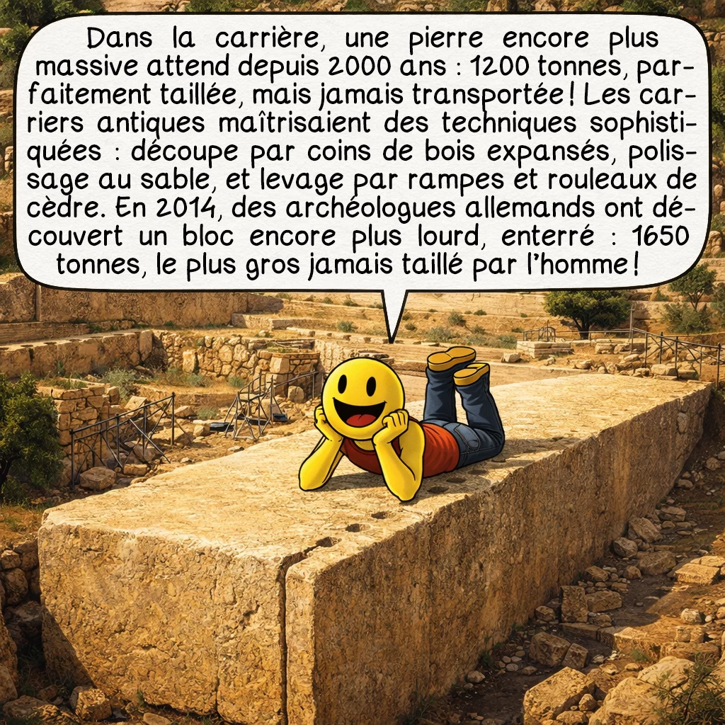 Baalbek, case 3 : Dans la carrière, une pierre encore plus massive attend depuis 2000 ans : 1200 tonnes, parfaitement taillée, mais jamais transportée ! Les carriers antiques maîtrisaient des techniques sophistiquées : découpe par coins de bois expansés, polissage au sable, et levage par rampes et rouleaux de cèdre. En 2014, des archéologues allemands ont découvert un bloc encore plus lourd, enterré : 1650 tonnes, le plus gros jamais taillé par l’homme !