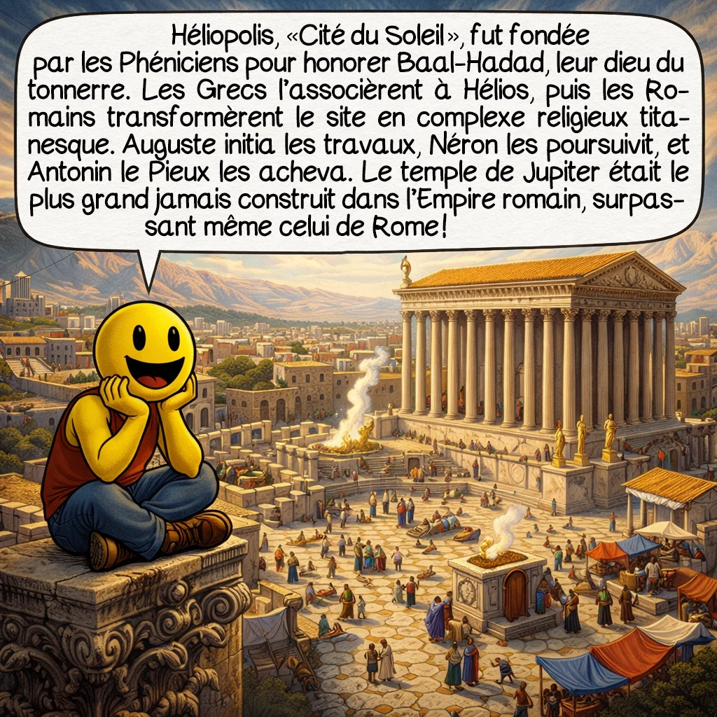 Baalbek, case 4 : Héliopolis, « Cité du Soleil », fut fondée par les Phéniciens pour honorer Baal-Hadad, leur dieu du tonnerre. Les Grecs l’associèrent à Hélios, puis les Romains transformèrent le site en complexe religieux titanesque. Auguste initia les travaux, Néron les poursuivit, et Antonin le Pieux les acheva. Le temple de Jupiter était le plus grand jamais construit dans l’Empire romain, surpassant même celui de Rome !