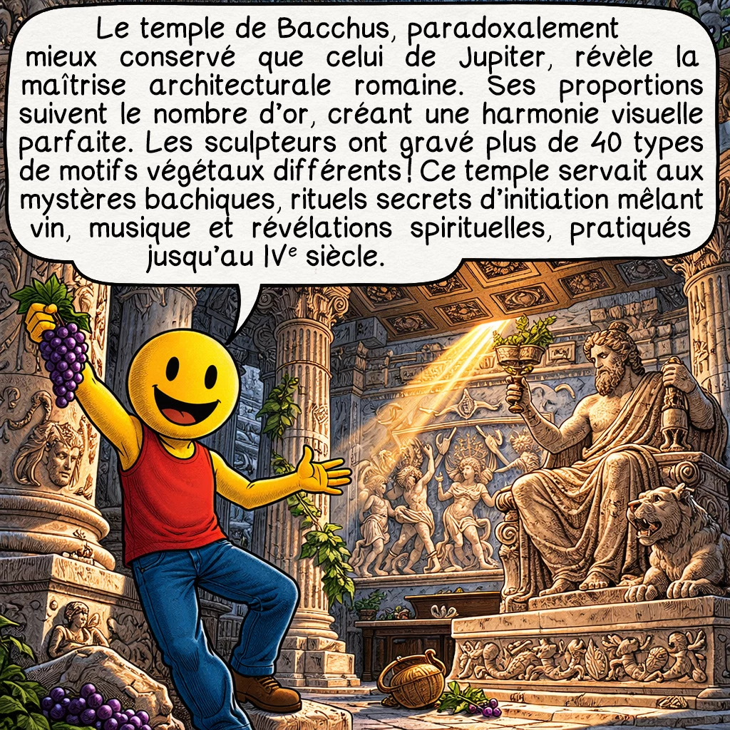 Baalbek, case 5 : Le temple de Bacchus, paradoxalement mieux conservé que celui de Jupiter, révèle la maîtrise architecturale romaine. Ses proportions suivent le nombre d’or, créant une harmonie visuelle parfaite. Les sculpteurs ont gravé plus de 40 types de motifs végétaux différents ! Ce temple servait aux mystères bachiques, rituels secrets d’initiation mêlant vin, musique et révélations spirituelles, pratiqués jusqu’au 4e siècle.